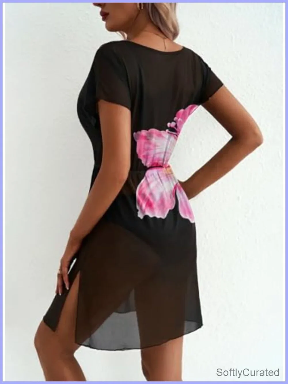 Sheer V-Neck Swim Cover Up Dress Short Sleeve Beach Outfit